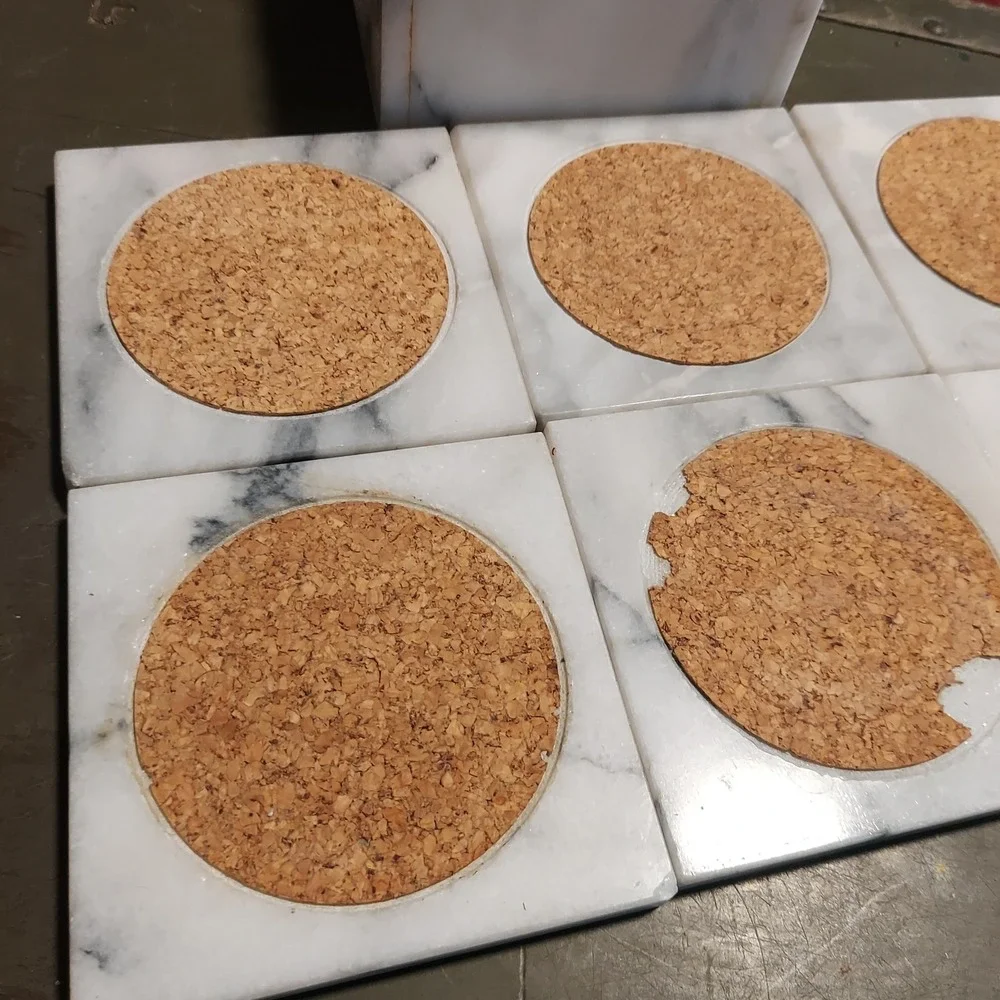 White Marble and Cork Square Coaster Set of 6 with Matching Holder 4 Inch